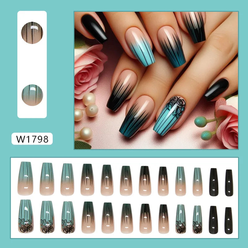 Caramel Flower 24 Pcs Press on Nails Pink Gradient Fake Nails Glossy Artificial Finger Manicure Reusable False Nails for Women
