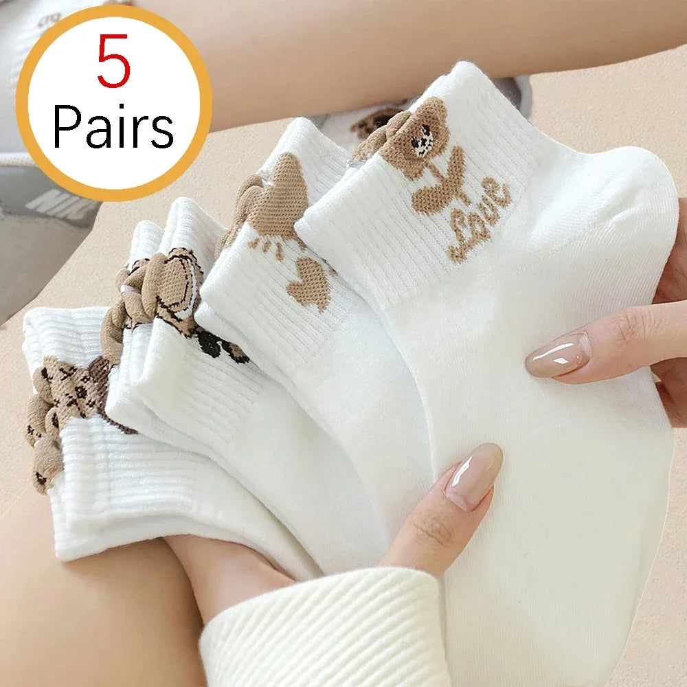 5 Pairs Women Cartoon Teddy Bear Patterned Ankle Socks Versatile Fashionable Creative Breathable Comfortable Casual Socks