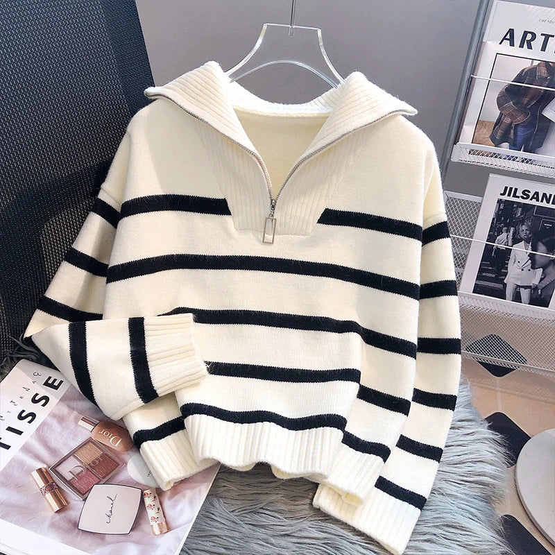 Autumn Winter Fashion Striped Zippered Lapel Long Sleeve Loose Casual Knitted Sweater For Women