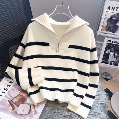 Autumn Winter Fashion Striped Zippered Lapel Long Sleeve Loose Casual Knitted Sweater For Women