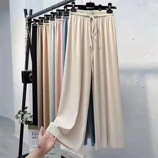 Spring Summer Ice Silk Fitness Wide Leg Pleated Straight Pants Women High Elastic Drawstring Solid Full Trousers JYZZ-AL5718