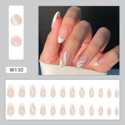 Fresh Green Tea 24 Pcs Fake Nail with Jelly sticker Press on False Nails Wearable Round Head Oval Full Cover Nail Tips