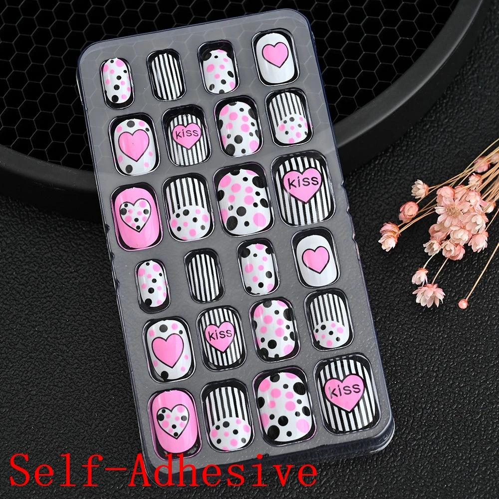 12pcs Cute Kids Dress-Up Fake Nail Girls Press on Nails Princess Pretend Play Toy Nail Tips Self-adhesive Children False Nails *