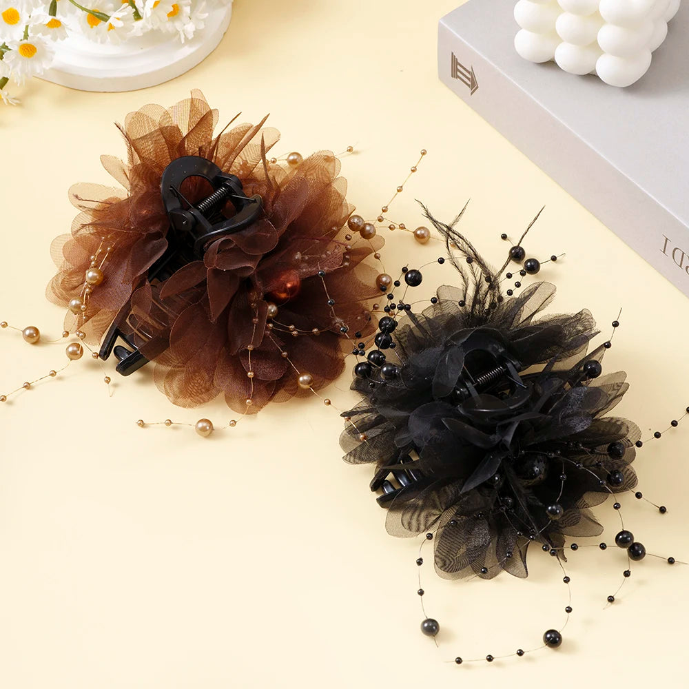 Fashion Elegant Mesh Flower Hair Claws Grab Pearl Tassel Women Shark Ponytail Hair Clips Hairpins Hair Accessories Headdress