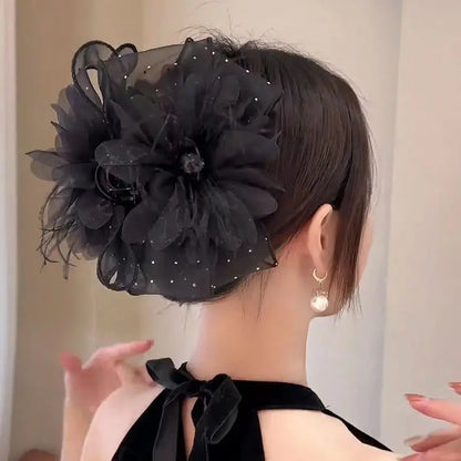 New Mesh Lace Black Feather Ribbon Bow Hair Claws Hairpin Big Bowknot Ponytail Holder Hair Clips Pin Hair Accessories for Women