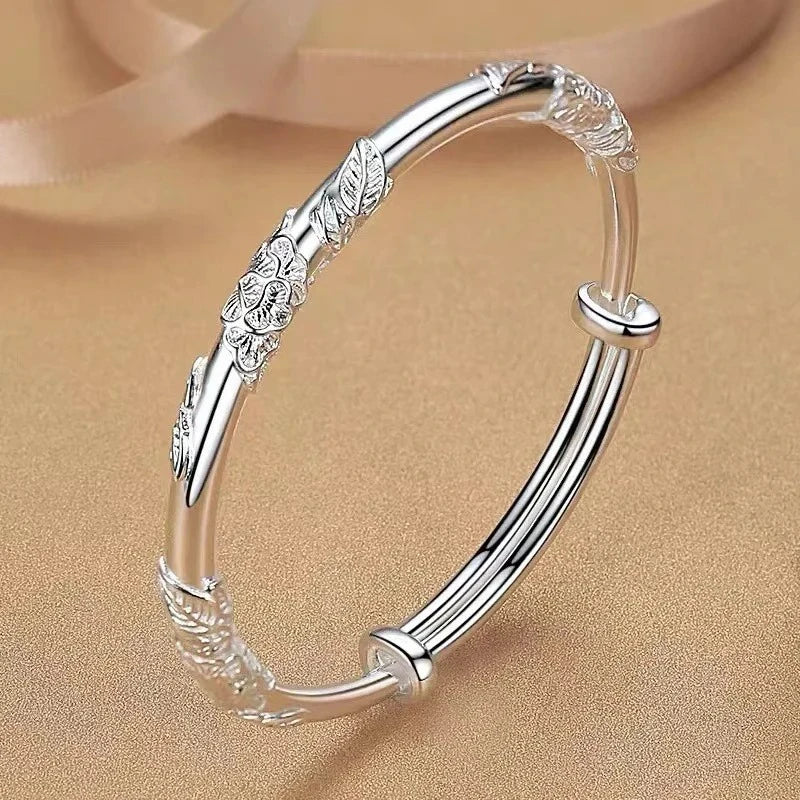 Silver Women's Full-blown Flowers Bracelet Delicate Open Adjustable Bracelet Solid Bracelets Fashion Jewelry Pulseras Hombre