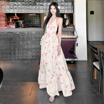 SylCue Flower Print 2 Piece Set Woman Halter Low-Neck Bow Decoration Tank Tops+Ruffles Long Skirts Beach Style Elegant Outfits