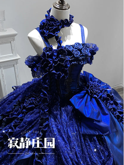 Original Heavy Industry Blue Lolita Maxi Dress Summer New Woman Slim-Fit Elegant Retro Gothic Suspender Dress Jsk Princess Dress
