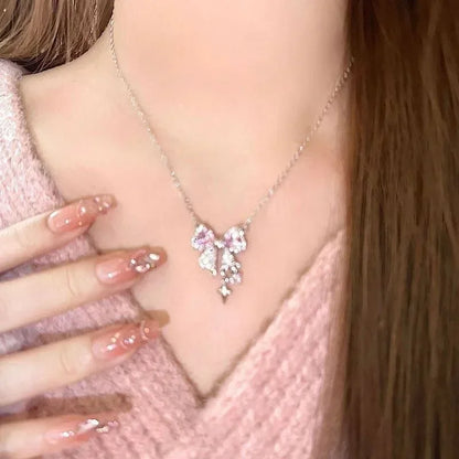 Fashion Fairy Pink Crystal Bow Knot Pendant Necklaces Y2K Girls Sweet Rhinestone Heart Clavicle Chain Women Jewelry Gifts