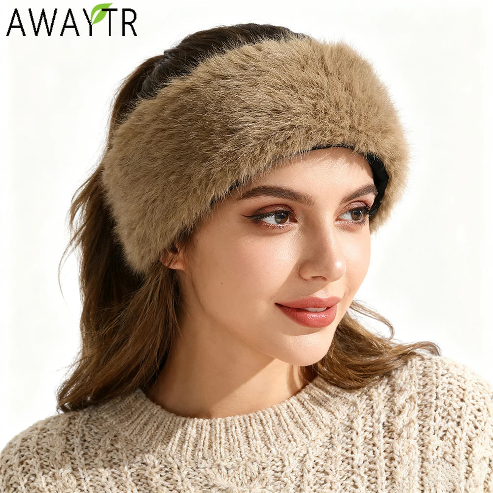 AWAYTR Faux Fox Fur Thermal Headbands Fashion Synthetic Fur‌ Wide Headband Hair Accessories For Women Trend