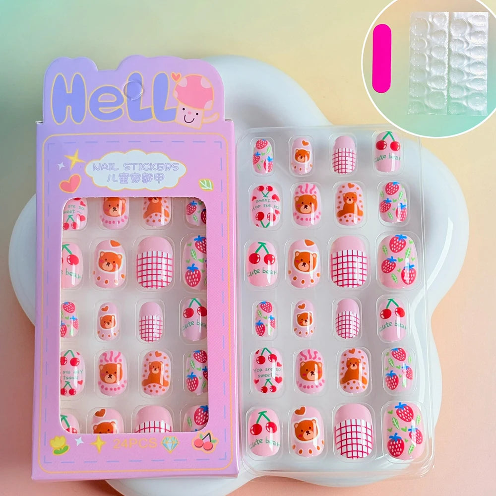 24PC/Box Children's Press On Nails With Jelly Glue Girl's Colorful Cartoon Full Cover Bear Bunny Cat Pattern Fake Nail FalseNail