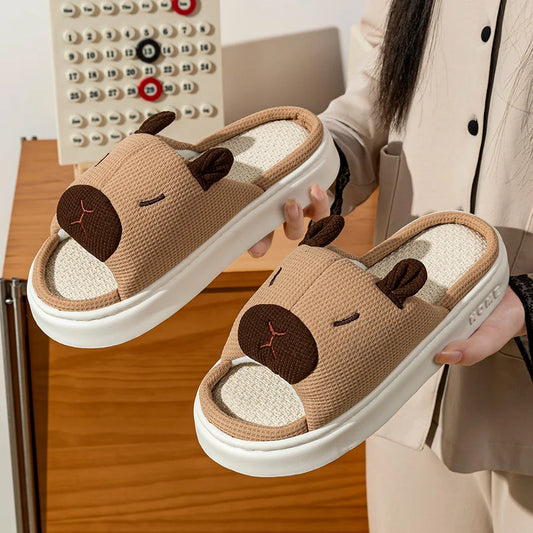 Cute Cartoon Flax Summer Women's Indoor Slippers Bedroom Soft Thick Sole Anti slip and odor proof  Fashion Leisure Home Shoes