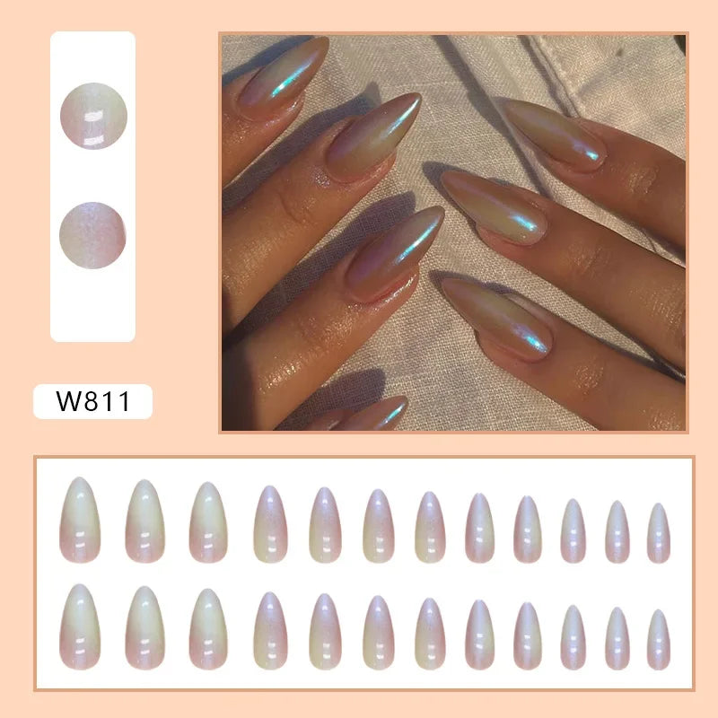 Fresh Green Tea 24 Pcs Fake Nail with Jelly sticker Press on False Nails Wearable Round Head Oval Full Cover Nail Tips