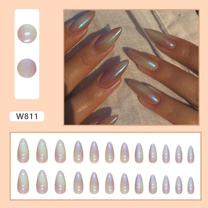 Fresh Green Tea 24 Pcs Fake Nail with Jelly sticker Press on False Nails Wearable Round Head Oval Full Cover Nail Tips