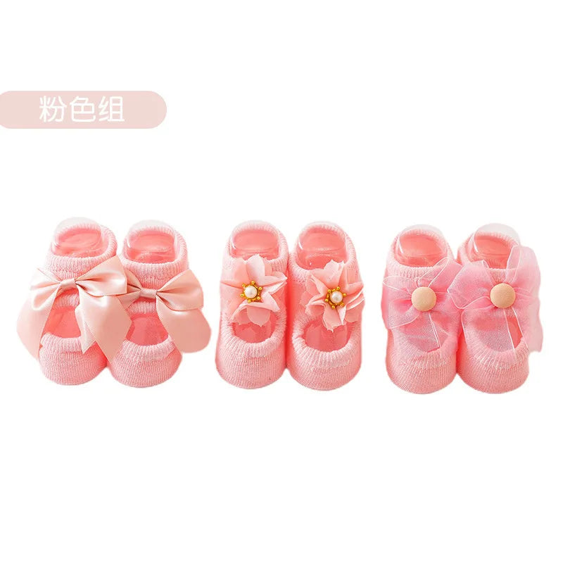 1 Pair Cute Baby Socks Girls Spring Newborn Kids Flower Bowknot Lace Non-slip Children Floor Anti Skid Toddler Slipper