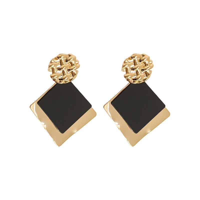 Double Color Rhombus Shape Dangle Earrings For Women Hollow Golden Metal Lattice Drop Earrings Geometry Party Punk Jewelry