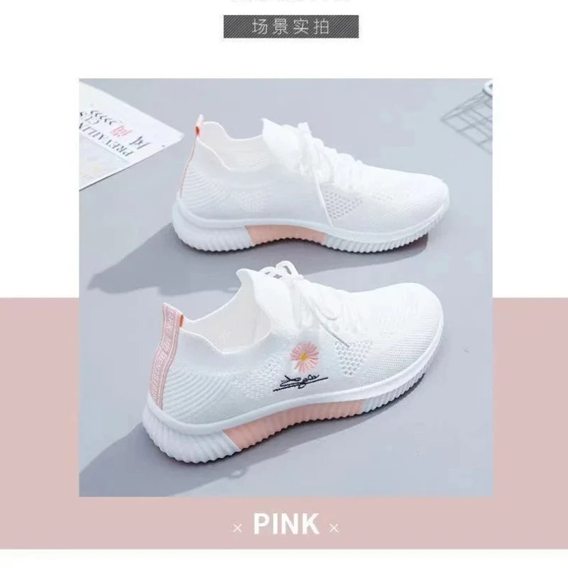 Summer Small White Shoes for Women's Casual Flying Knitted Shoes Comfortable Soft Sole Breathable Running Students' Shoes