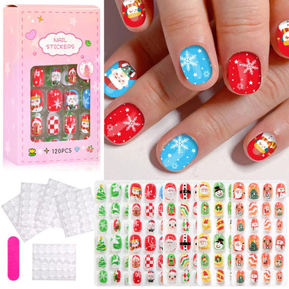 120pc/Box Kid's Christmas Press On Nails Kawaii Cartoon Santa Snowman Xmas Tree Full Cover Acrylic False Nail Kid Christmas gift