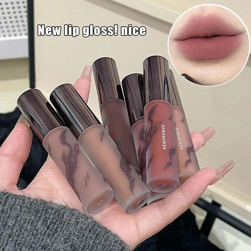 HERORANGE Lip Glaze Waterproof Smoky Red Matte Lipstick Velvet Lip Gloss Non-drying Nude Brown Lips Tint Mud Makeup Cosmetic