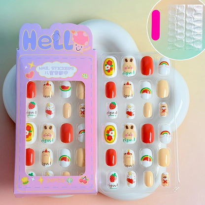 24PC/Box Children's Press On Nails With Jelly Glue Girl's Colorful Cartoon Full Cover Bear Bunny Cat Pattern Fake Nail FalseNail
