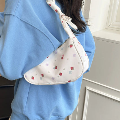 Women Small Underarm Bag Y2K Sweet Printed Zipper Tote Pleated Strap Handbag Half Moon Design Versatile Ladies Shoulder Bags