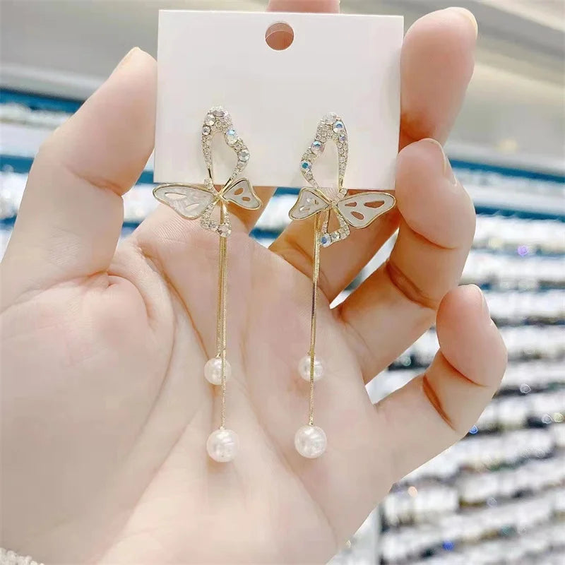 1Pair Korean Style Long Imitation Pearl Tassel Dangle Earrings For Women Trendy Full Crystal Fringe Drop Earring Vintage Jewelry