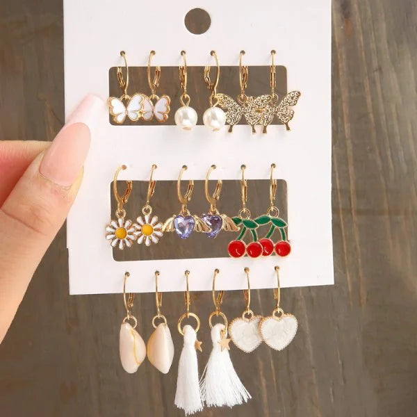 3-9 Pairs Heart Butterfly Drop Earrings Set Big Circle Piercings Earrings Jewelry for Women Imitation Pearl Hoop Cute Ear Buckle