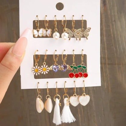3-9 Pairs Heart Butterfly Drop Earrings Set Big Circle Piercings Earrings Jewelry for Women Imitation Pearl Hoop Cute Ear Buckle