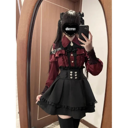 Women‘s Lolita Set Dark Femme Mesh Top & Waist Cinching Skirt, 2025 Autumn Japanese Street Style Coord for Gothic Baddie Fashion