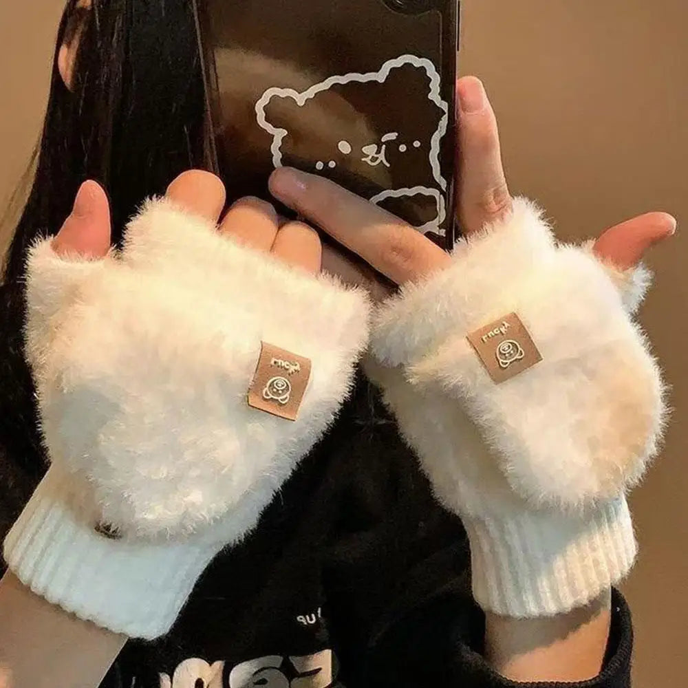 Winter Soft Fleece Half Finger Gloves Plush Knitted Fingerless Gloves Fuzzy Flexible flip Wrist Mittens Student Writting Gloves