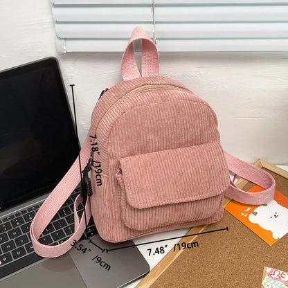 Solid Color Corduroy Mini Backpack Lightweight Small Backpacks Travel Rucksack School Baskpack Casual Girl Backpack