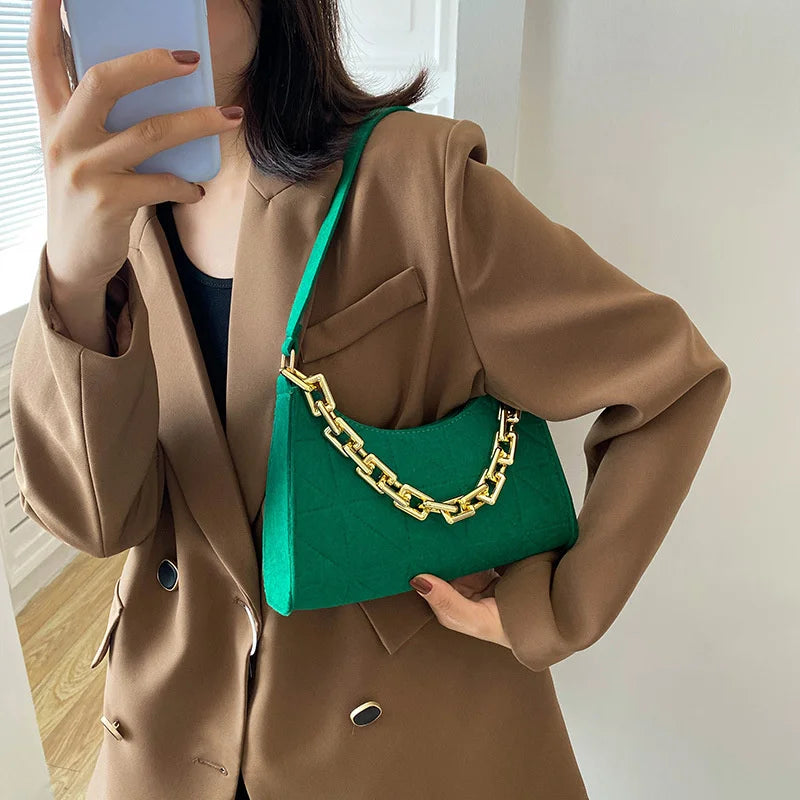 Fashion Women Chain Shoulder Underarm Bags Felt Pu Leather Simple Solid Color Casual Handbags Female Pouch Tote Crossbody Bag