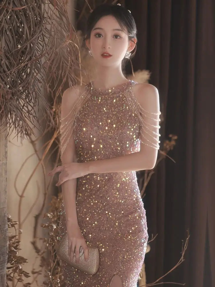 New beige sequined halter luxury sweat lady girl women princess banquet party ball prom dress performance gown