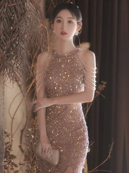 New beige sequined halter luxury sweat lady girl women princess banquet party ball prom dress performance gown