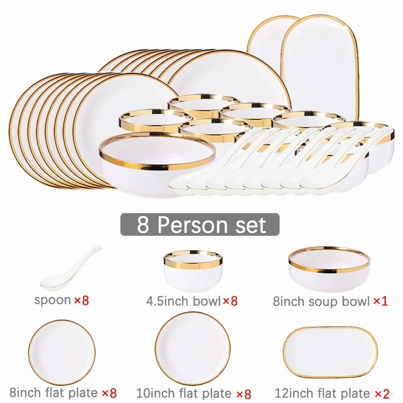 Ceramic Plates Bowls Gilt Rim White Porcelain Dinner Tray Kitchen Plates Ceramic Tableware Food Dishes Rice Salad Noodles Bowl