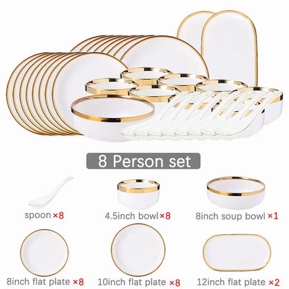 Ceramic Plates Bowls Gilt Rim White Porcelain Dinner Tray Kitchen Plates Ceramic Tableware Food Dishes Rice Salad Noodles Bowl