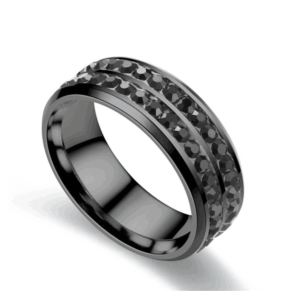 Gorgeous Black Full Zircon Couple Ring Fashion Men's Stainless Steel Ring Elegant Women's Heart-shaped 2pcs Wedding Jewelry Gift