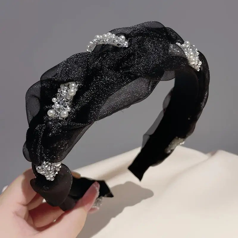 Korean Double Pearl Rhinestone Headband Lace Braided Hairband Hair Hoop Bezel Crystal Headbands For Women Girl Hair Accessories