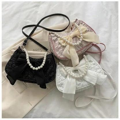 New Pearl Female Bag Retro Handbag Bow Crossbody Bags Fashion Canvas Women's 2025 Trend Shoulder Bag Purses for Girl