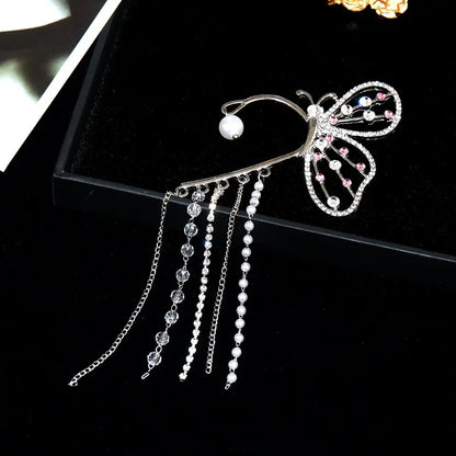 Fashion Crystal Butterfly Clip Earring for Women Pearl Bead Ear Cuff Long Tassels Charm Hollow Earrings Clip Xmas Jewelry Gifts