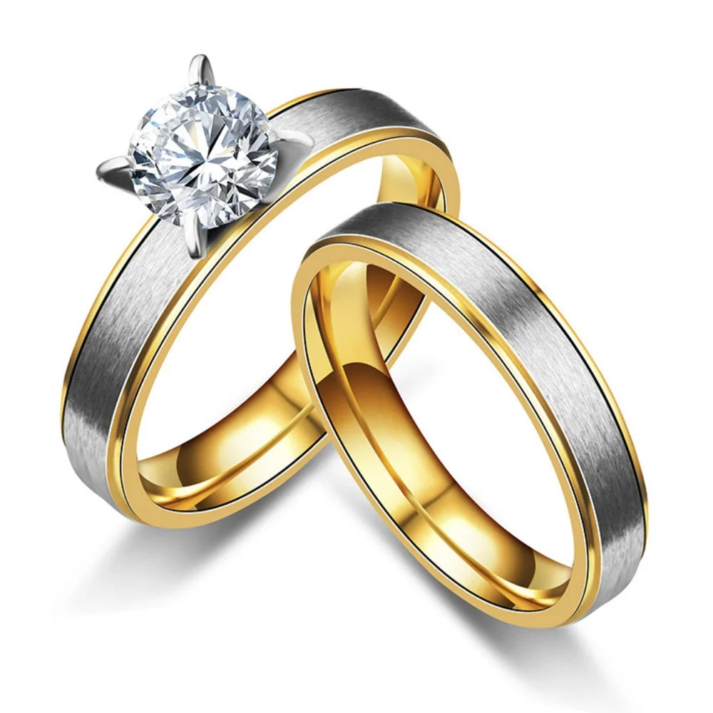 Fashion Matte 4-Prong Zircon Stainless Steel Couple Rings For Women Men Engagement Ring Valentine Day Jewelry Gift Size 6-12
