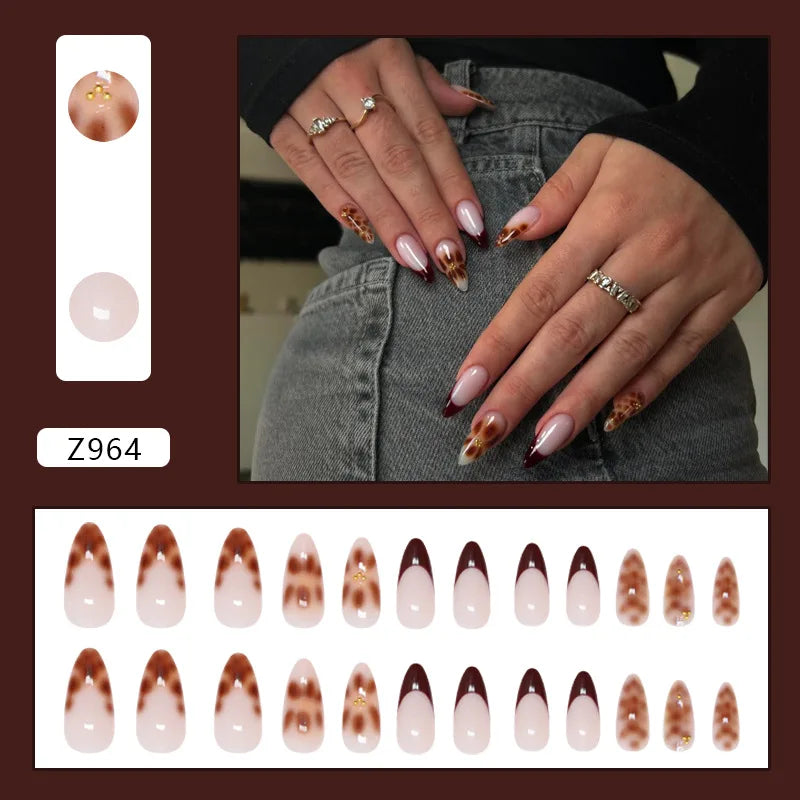 Caramel Flower 24 Pcs Press on Nails Pink Gradient Fake Nails Glossy Artificial Finger Manicure Reusable False Nails for Women