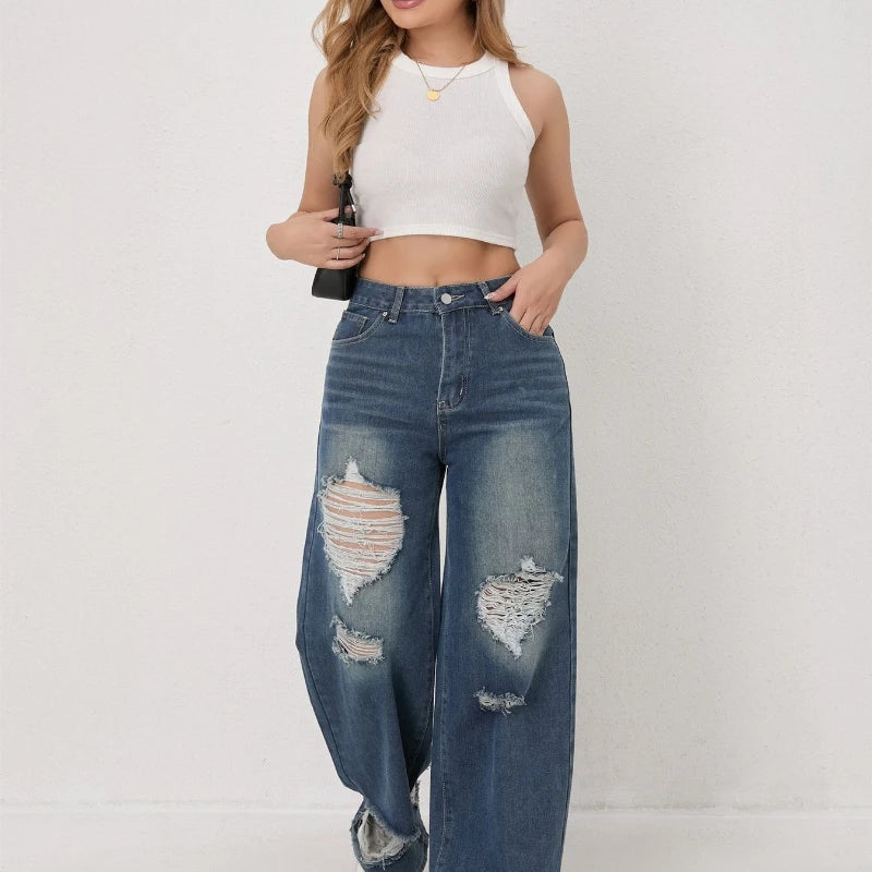 Autumn and Winter Trendy High-waisted Ripped Loose Wide-leg Straight-leg Jeans for Women Casual Fashionable and Versatile