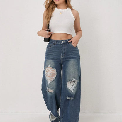 Autumn and Winter Trendy High-waisted Ripped Loose Wide-leg Straight-leg Jeans for Women Casual Fashionable and Versatile
