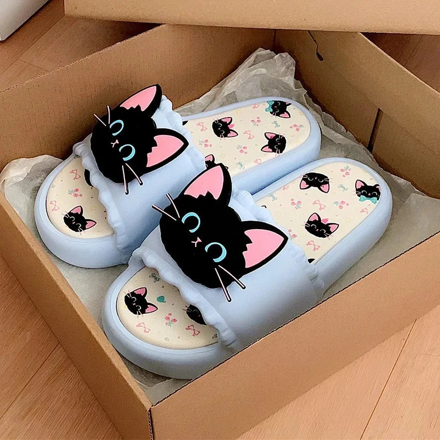 Summer Fashion Women's Slippers Cute Little Black Cat Sandals Soft Bottom Home Wear Couples Slippers PVC Material