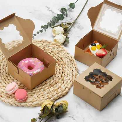 50/100Pcs Kraft Cake Boxes With Window, 4x4x2.5IN Dessert Pastry Macaron Bakery Boxes For Cake, Pastries, Chocolates, Biscuits