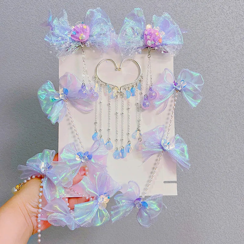 Sweet Tassel Hairclip Ear Hooks Set for Girls Kids Mermaid Elf Ear Cuffs Fairy Princess Non-Pierced Earrings Colorful Headwear