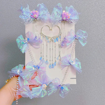 Sweet Tassel Hairclip Ear Hooks Set for Girls Kids Mermaid Elf Ear Cuffs Fairy Princess Non-Pierced Earrings Colorful Headwear
