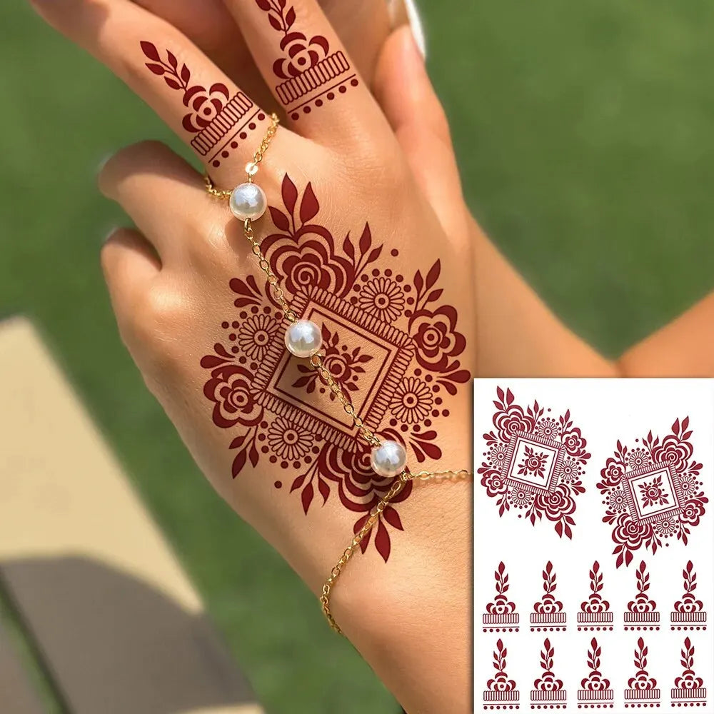Waterproof Henna Tattoo Stickers for Women Flower Instant Fake Tattoo for Hand Temporary Tattoos for Wedding Party Festival