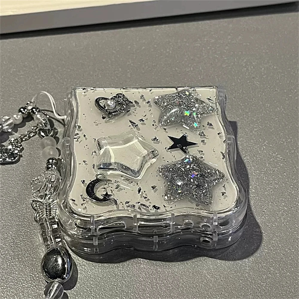 Korean 3D Glitter Star Clear Phone Case For Samsung Galaxy Flip 7/6 Flip5 Flip4 Flip3 Epoxy Cover Wavy Border Protective Cover
